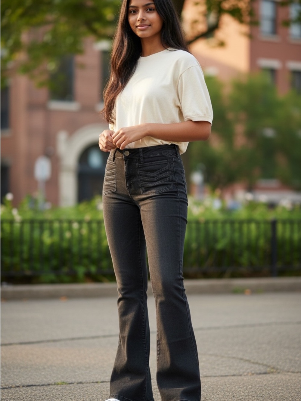Free People Black Flared Jeans with Chevron Front Stitching